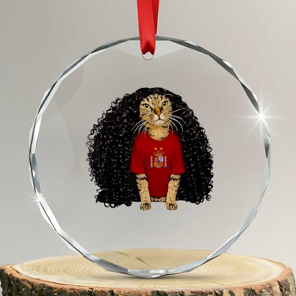 Funny Long Curly Hair Wig Soccer Cat Graphic Crystal Glass Ornament Spain Espana Sports Fans Meme Spanish Pride TS02 Transparent Glass 3'' Circle Print Your Wear