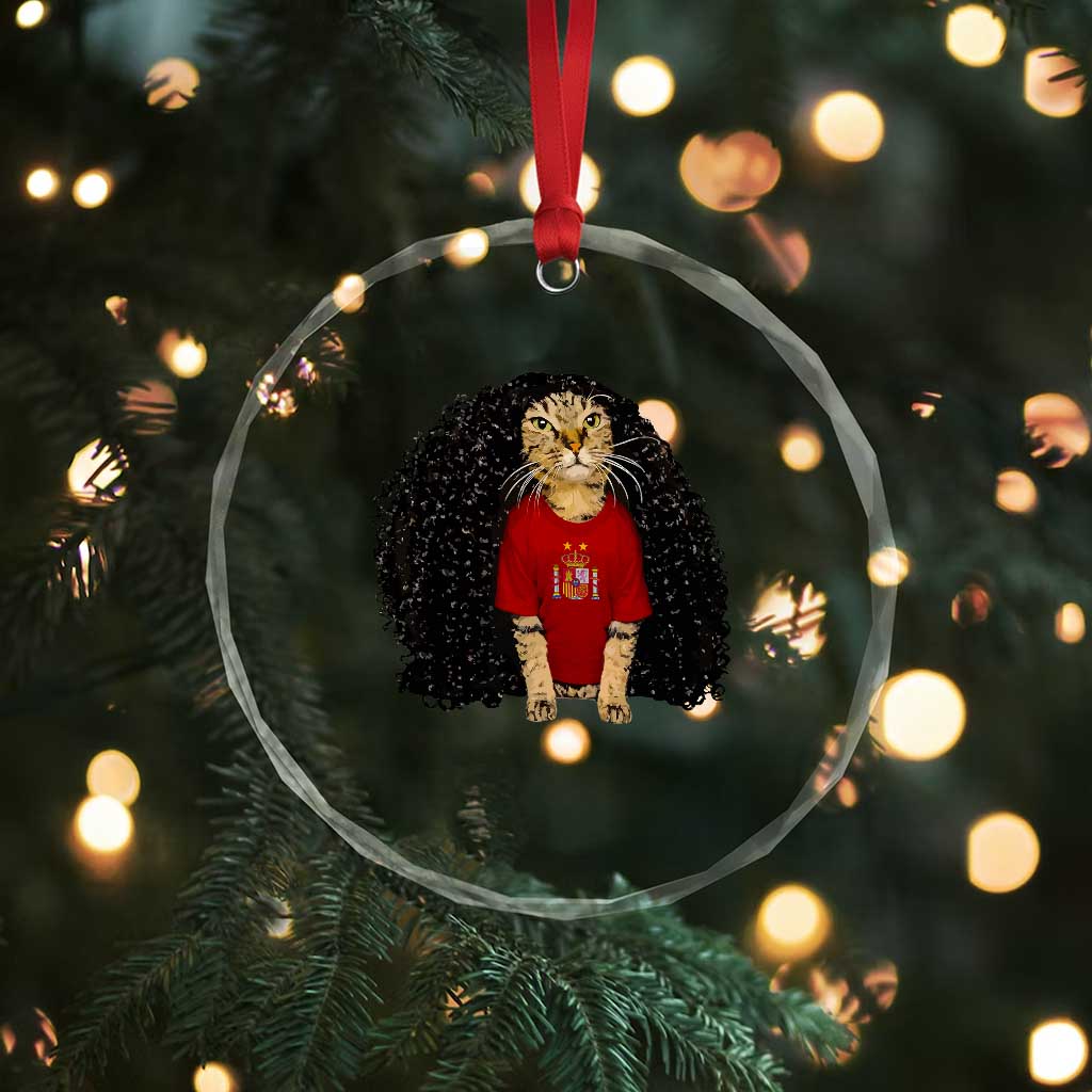 Funny Long Curly Hair Wig Soccer Cat Graphic Crystal Glass Ornament Spain Espana Sports Fans Meme Spanish Pride