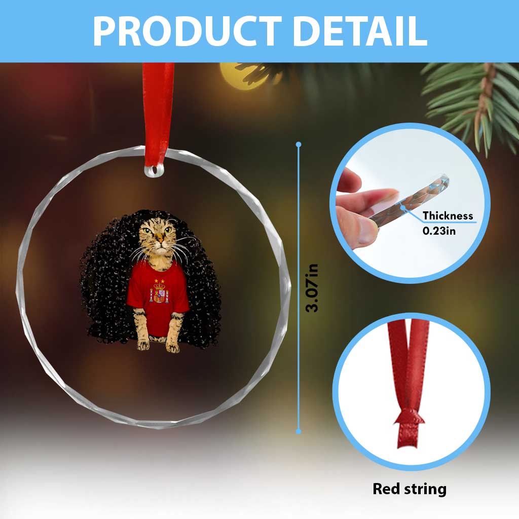 Funny Long Curly Hair Wig Soccer Cat Graphic Crystal Glass Ornament Spain Espana Sports Fans Meme Spanish Pride