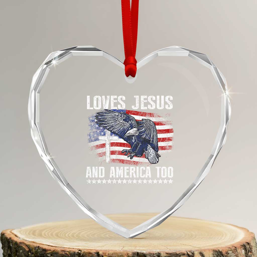 Funny Loves Jesus And America Too Heart Crystal Glass Ornament 4th Of July Patriotic Christian Eagle American Flag TS11 Transparent Glass 3'' Heart Print Your Wear