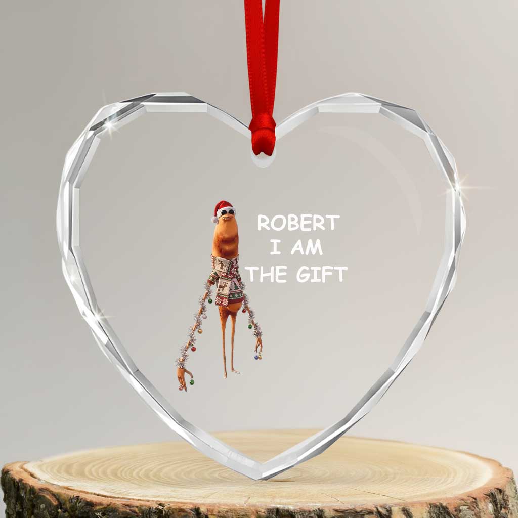 Funny Marcus the Worm in Ugly Christmas Sweater Heart Crystal Glass Ornament Robert I Am the Gift Meme Holiday Humor TS02 Transparent Glass 3'' Heart Print Your Wear