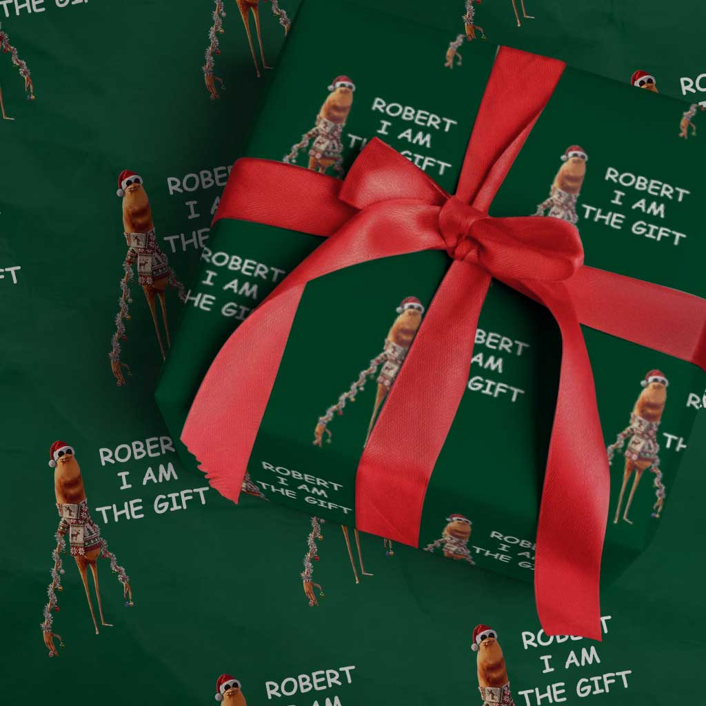 Funny Marcus the Worm in Ugly Christmas Sweater Wrapping Paper Roll Robert I Am the Gift Meme Holiday Humor TS02 Green Print Your Wear