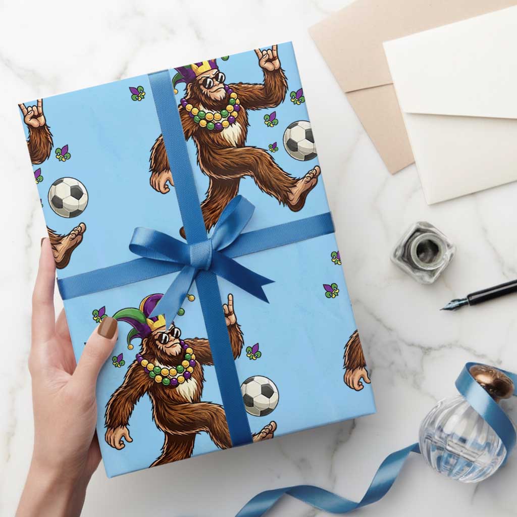 Funny Mardi Gras Bigfoot Playing Soccer Wrapping Paper Roll Football Fan Gift TS12 Light Blue Print Your Wear