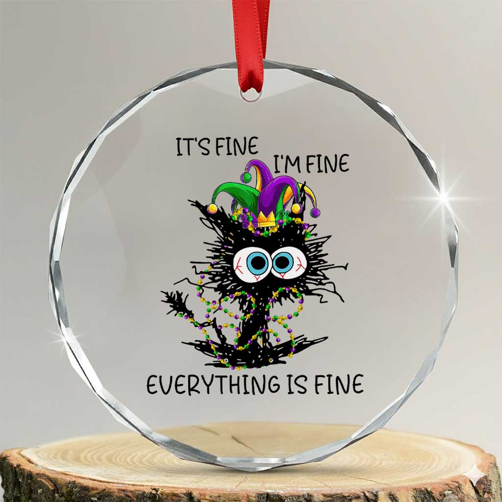 Funny Mardi Gras Cat Crystal Glass Ornament It's Fine I'm Fine Everything Is Fine Jester Hat Beads TS11 Transparent Glass 3'' Circle Print Your Wear