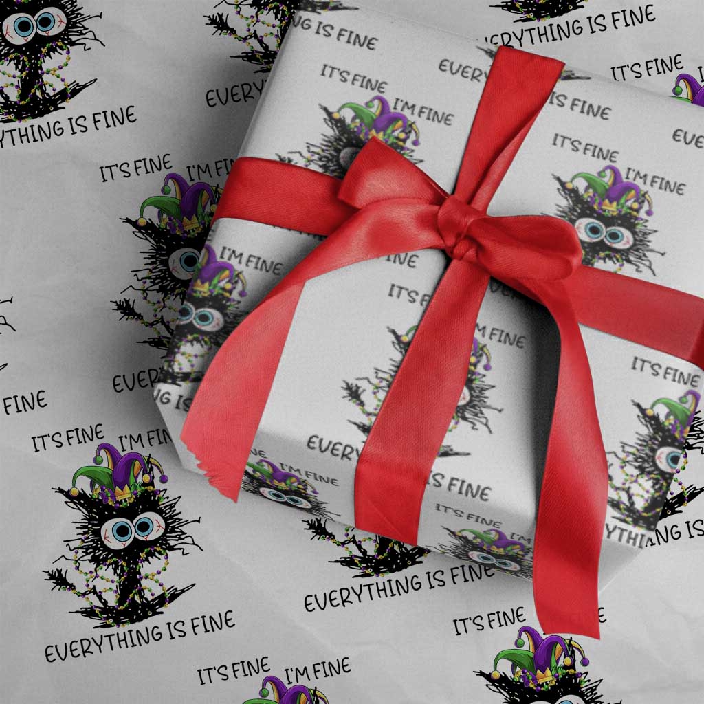 Funny Mardi Gras Cat Wrapping Paper Roll It's Fine I'm Fine Everything Is Fine Jester Hat Beads TS11 White Print Your Wear