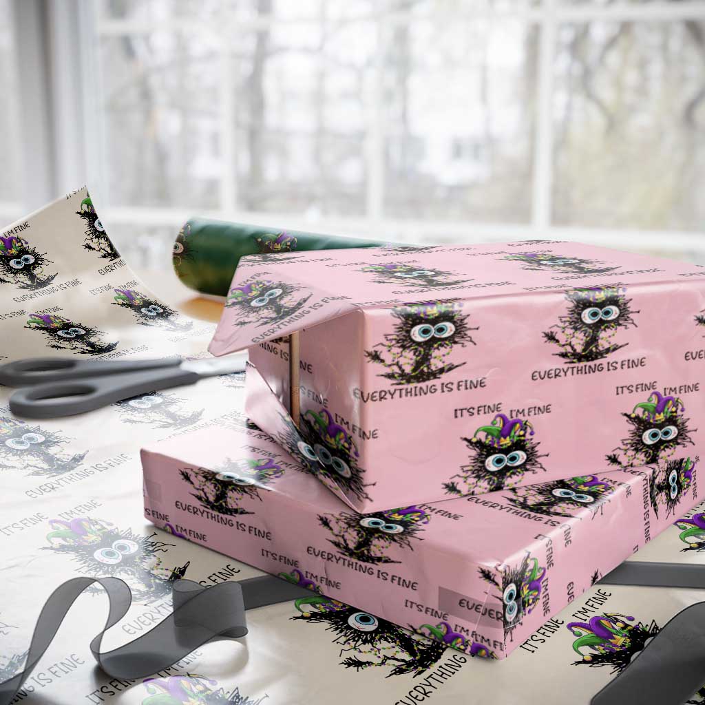 Funny Mardi Gras Cat Wrapping Paper Roll It's Fine I'm Fine Everything Is Fine Jester Hat Beads TS11 Light Pink Print Your Wear
