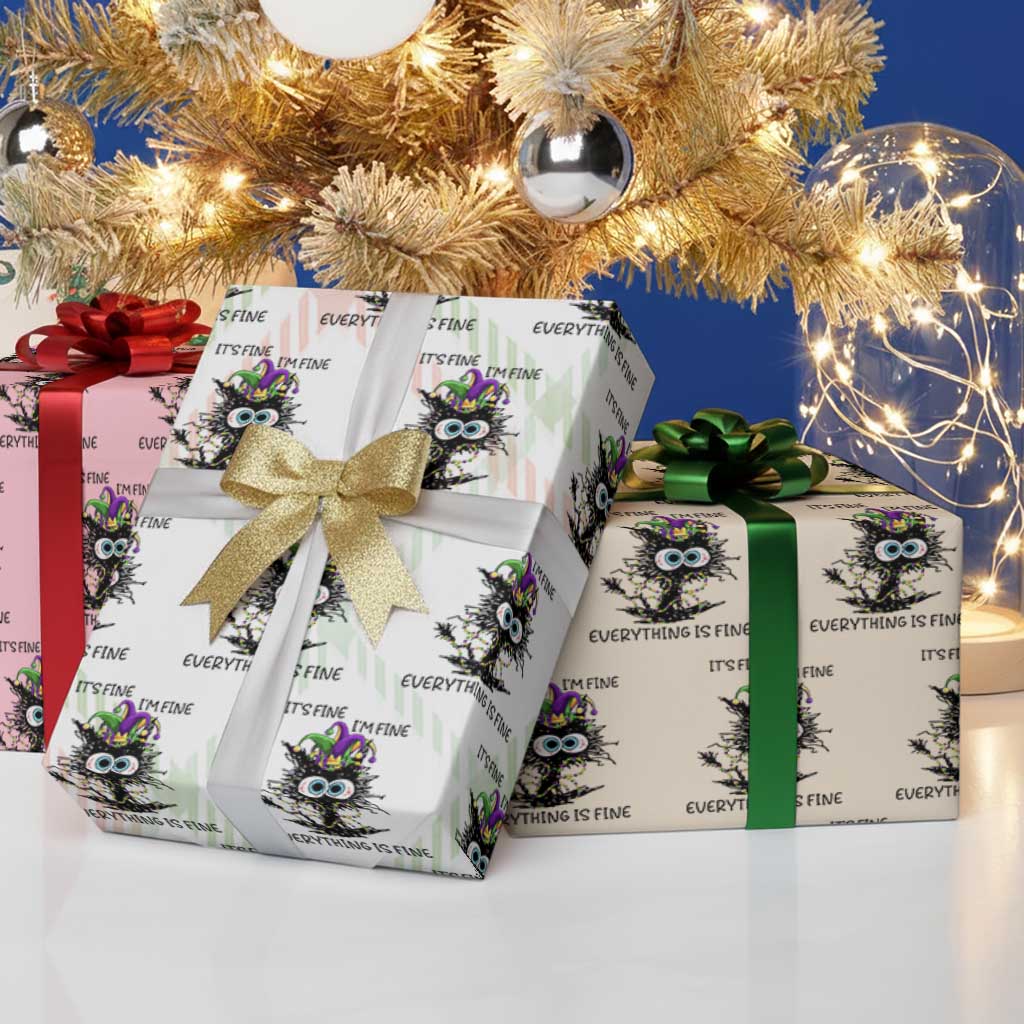 Funny Mardi Gras Cat Wrapping Paper Roll It's Fine I'm Fine Everything Is Fine Jester Hat Beads TS11 Print Your Wear
