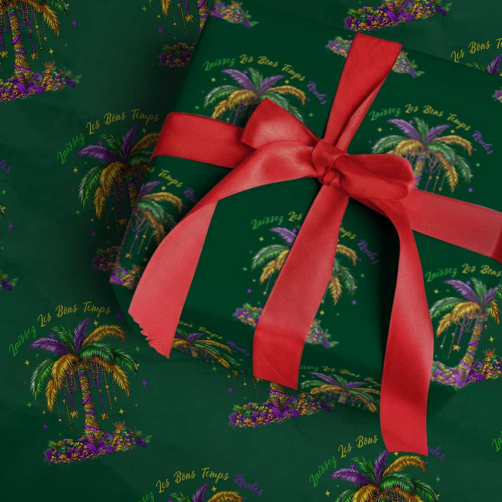 Funny Mardi Gras Coconut Palm Tree Wrapping Paper Roll Laissez Les Bons Temps Rouler Beads Masks TS11 Green Print Your Wear