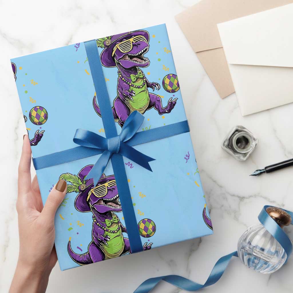 Funny Mardi Gras Dinosaur Playing Soccer Wrapping Paper Roll TS12 Light Blue Print Your Wear