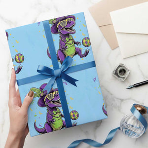 Funny Mardi Gras Dinosaur Playing Soccer Wrapping Paper Roll TS12 Light Blue Print Your Wear
