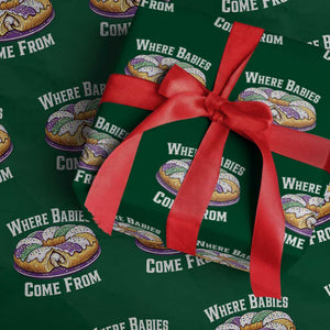 Funny Mardi Gras King Cake Wrapping Paper Roll Where Babies Come From Louisiana Humor TS02 Green Print Your Wear