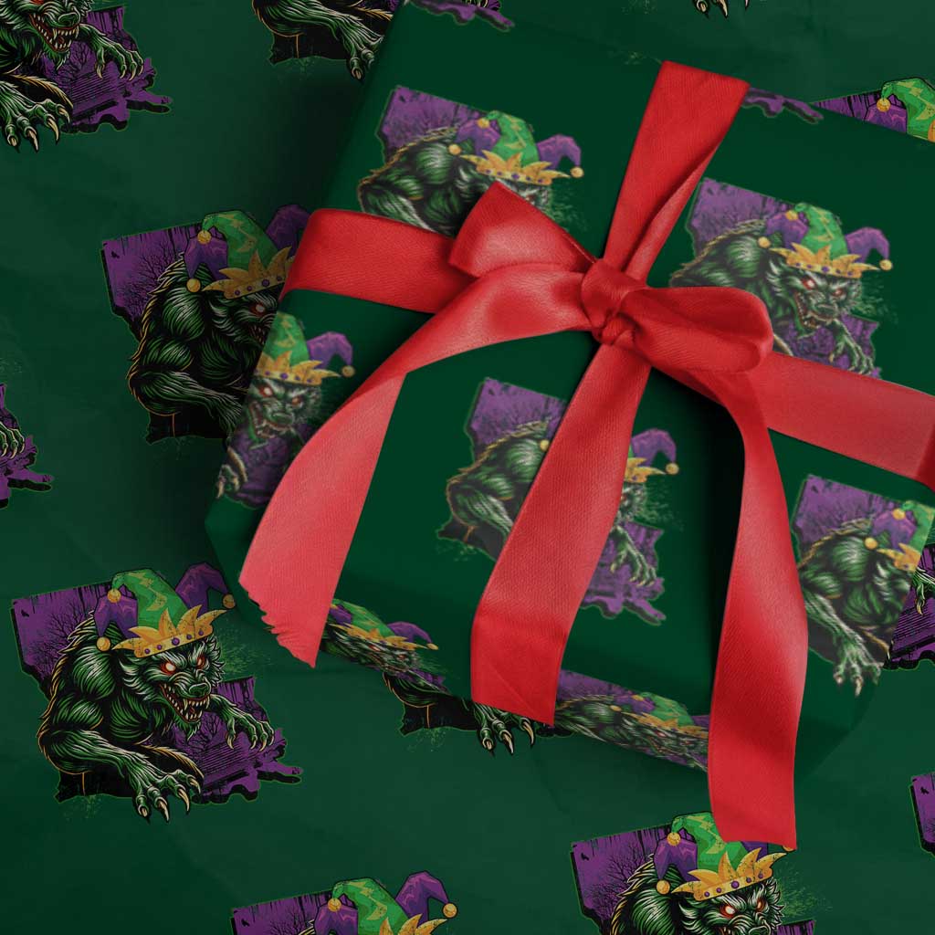 Funny Mardi Gras Rougarou Wrapping Paper Roll Cryptids Of Louisiana Jester Hat TS11 Green Print Your Wear