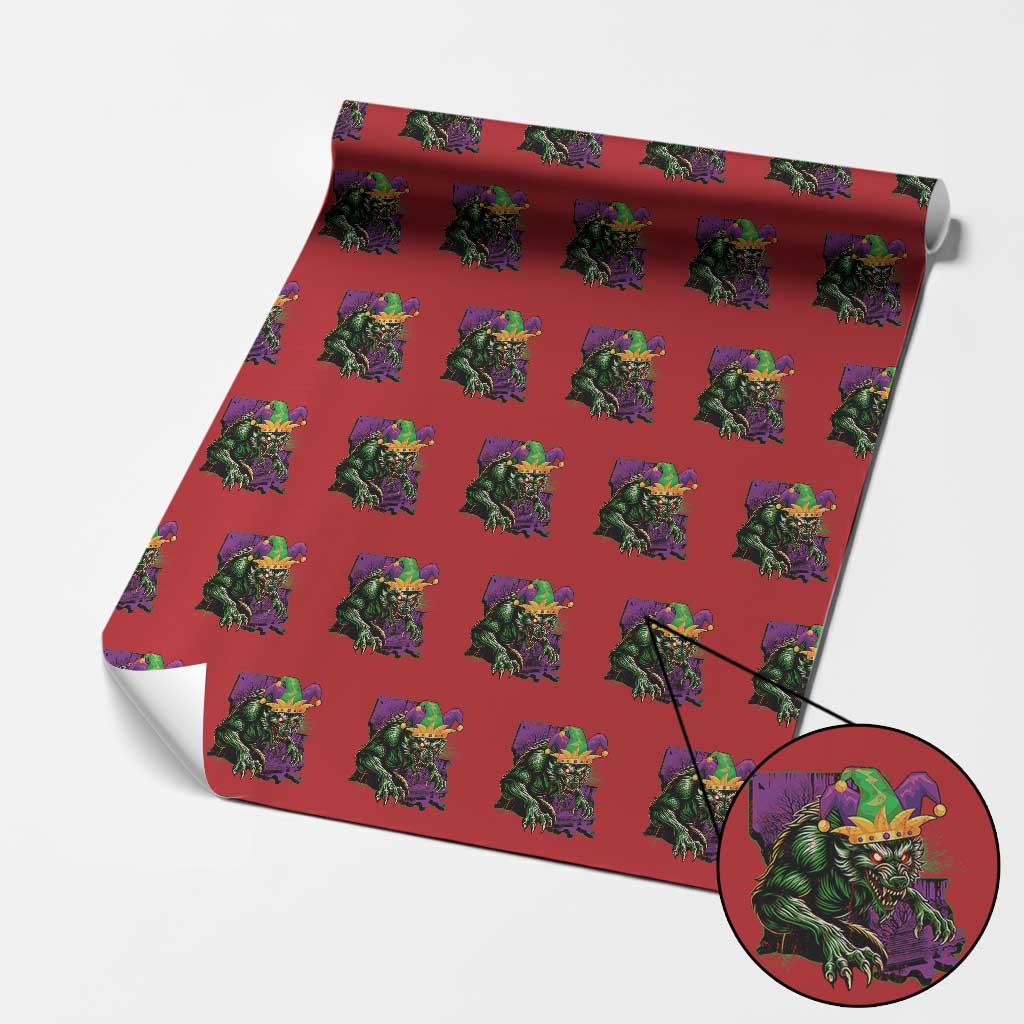 Funny Mardi Gras Rougarou Wrapping Paper Roll Cryptids Of Louisiana Jester Hat TS11 Red Print Your Wear