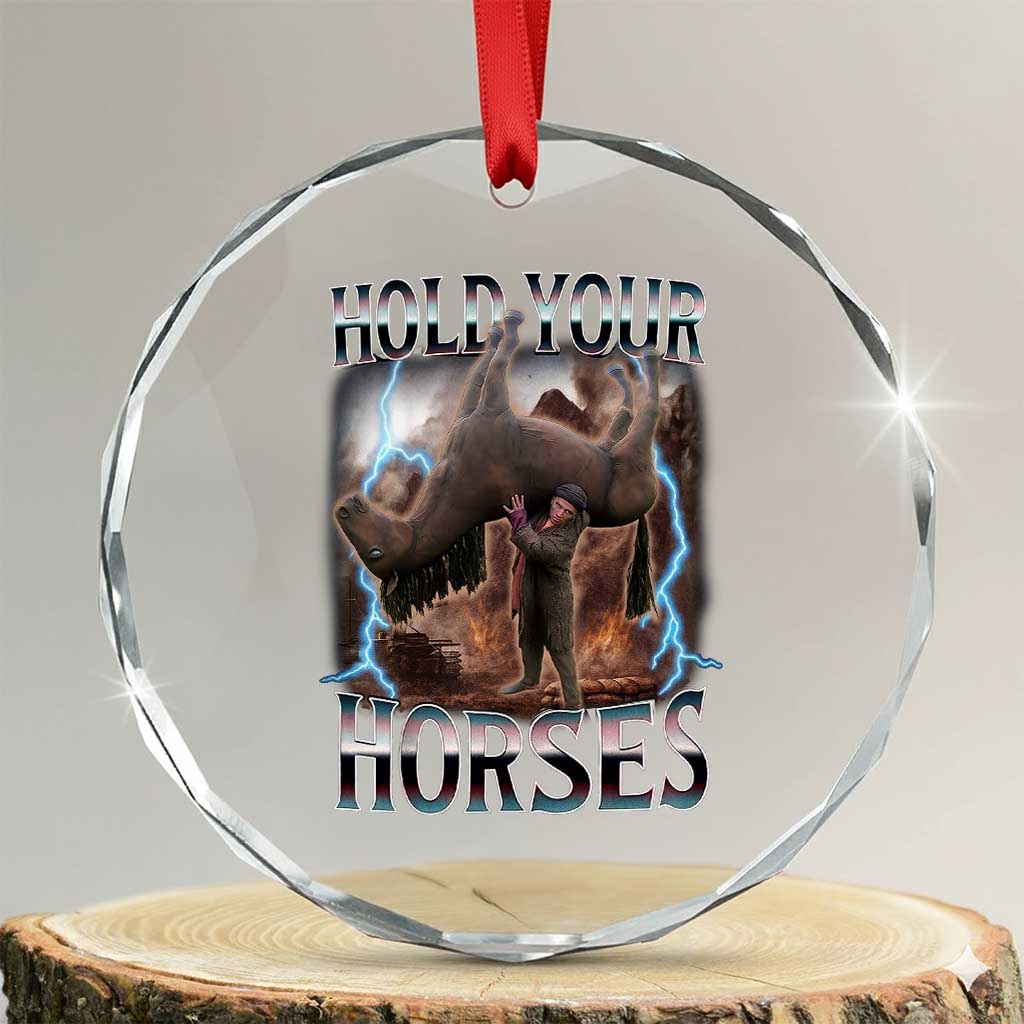 Funny Meme Hold Your Horses Crystal Glass Ornament Vintage 90s Style Bootleg Graphic TS10 Transparent Glass 3'' Circle Print Your Wear