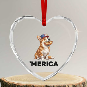 Funny Merica Corgi Lover 4th Of July Heart Crystal Glass Ornament Patriotic Dog Gift