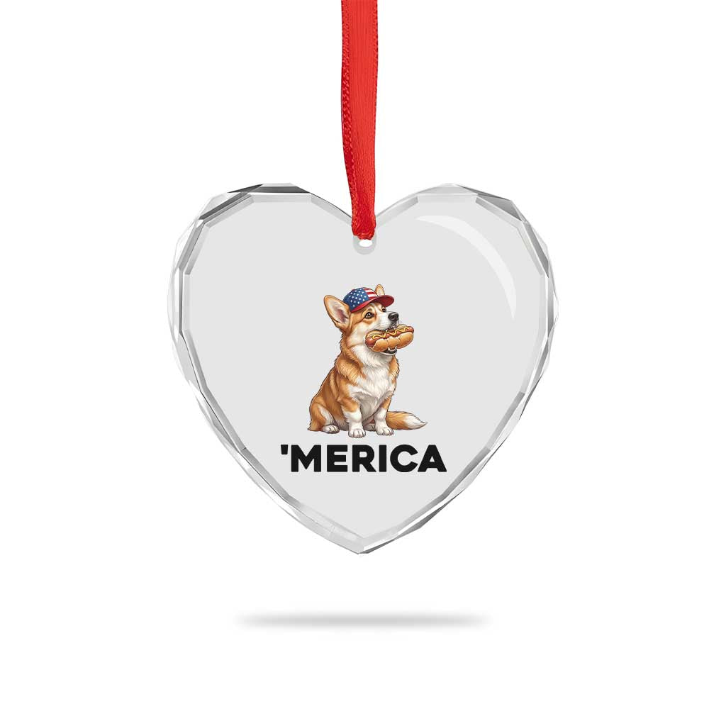 Funny Merica Corgi Lover 4th Of July Heart Crystal Glass Ornament Patriotic Dog Gift