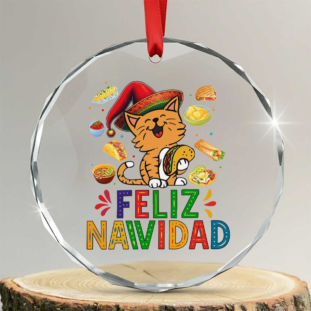 Funny Mexican Cat Christmas Crystal Glass Ornament Feliz Navidad Sombrero Kitty Xmas TS14 Transparent Glass 3'' Circle Print Your Wear