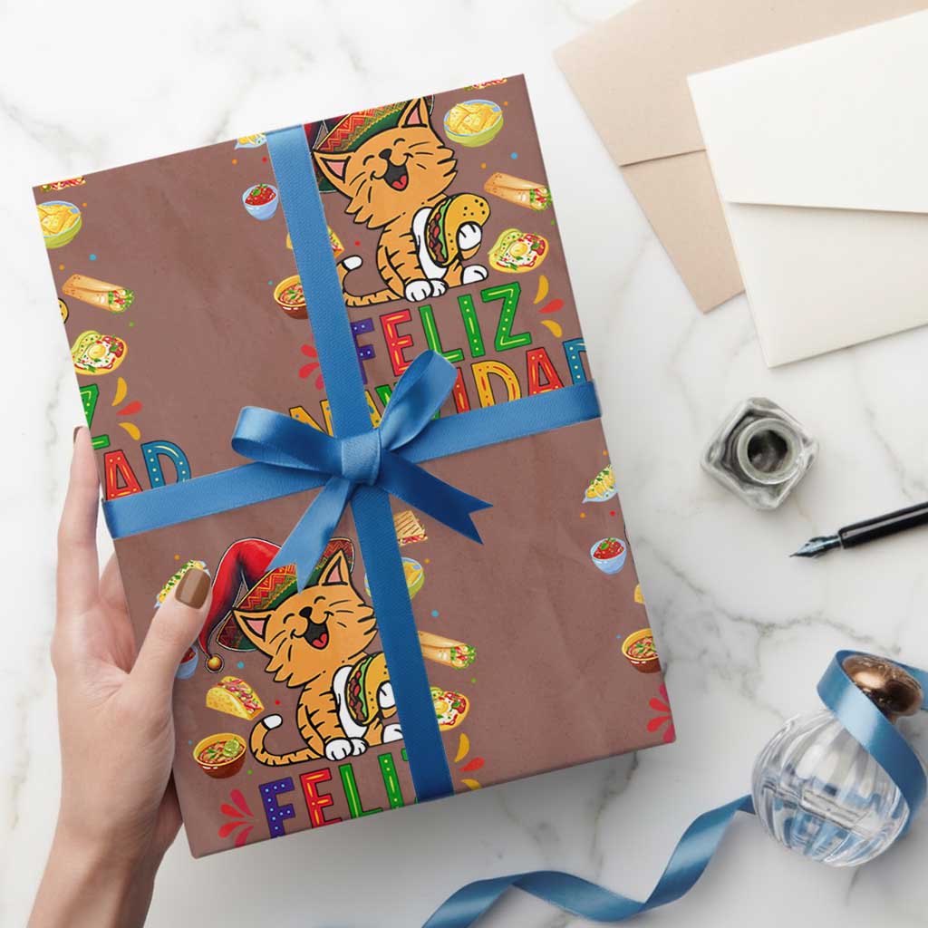 Funny Mexican Cat Christmas Wrapping Paper Roll Feliz Navidad Sombrero Kitty Xmas TS14 Mocha Print Your Wear