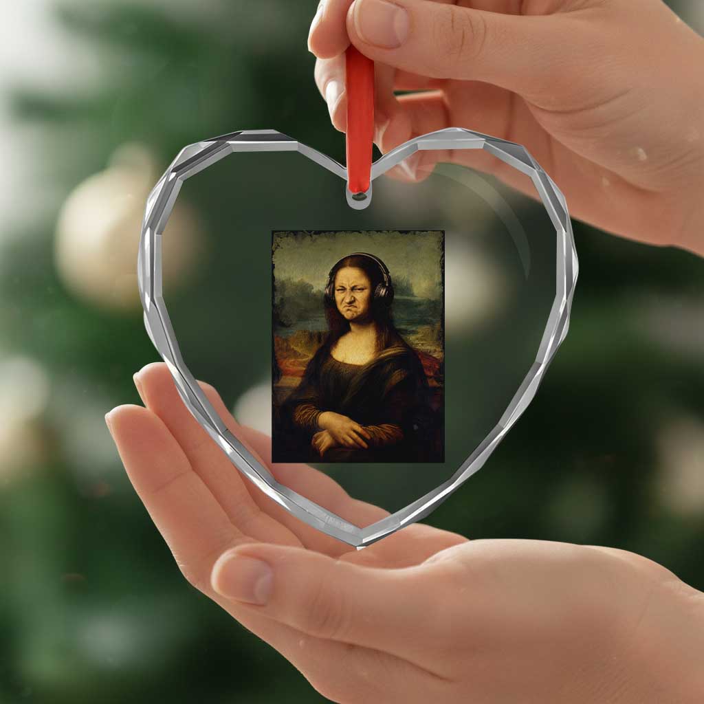 Funny Mona Lisa Bass Face Music Lovers DJs Heart Crystal Glass Ornament