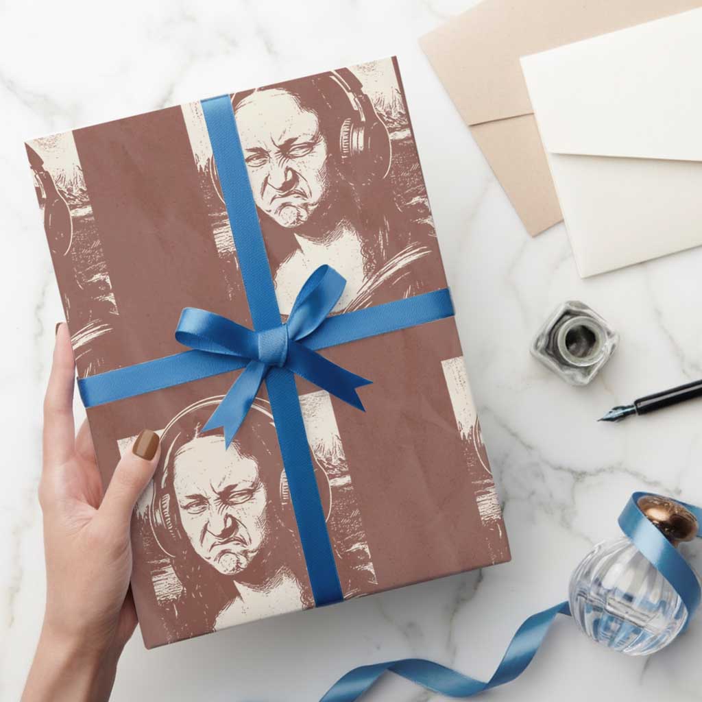 Funny Mona Lisa Wearing Headphones Bass Face Meme Wrapping Paper Roll Funny Classical Fine Art Parody Music Producer Graphic TS02 Mocha Print Your Wear