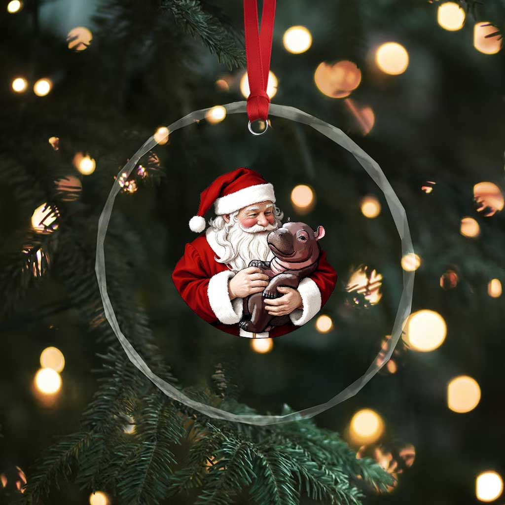 Funny Moo Deng Christmas Crystal Glass Ornament Santa Cute Hippo Zoo Meme Baby Pygmy TS11 Print Your Wear