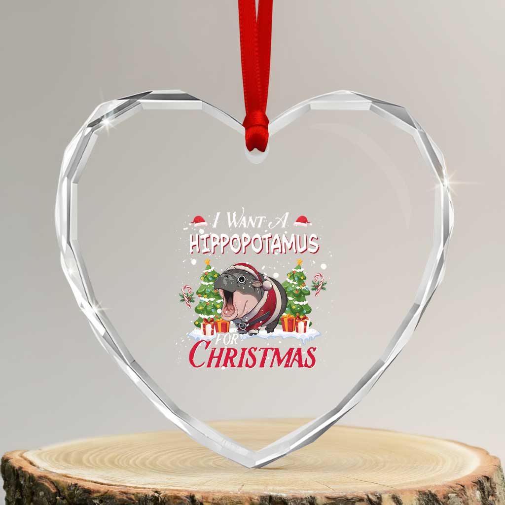 Funny Moo Deng Christmas Heart Crystal Glass Ornament I Want A Hippopotamus For Christmas Santa Baby Pygmy TS11 Transparent Glass 3'' Heart Print Your Wear