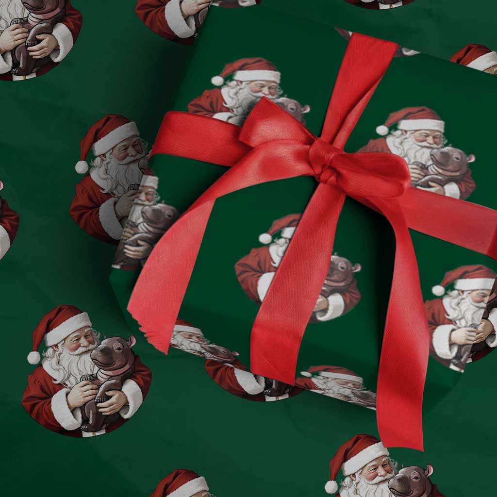 Funny Moo Deng Christmas Wrapping Paper Roll Santa Cute Hippo Zoo Meme Baby Pygmy TS11 Green Print Your Wear