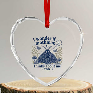 Funny Mothman Heart Crystal Glass Ornament I Wonder If Mothman Thinks About Me Too Cryptid Weirdcore