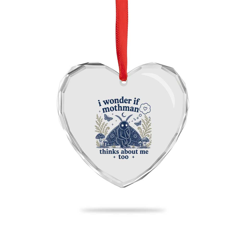 Funny Mothman Heart Crystal Glass Ornament I Wonder If Mothman Thinks About Me Too Cryptid Weirdcore