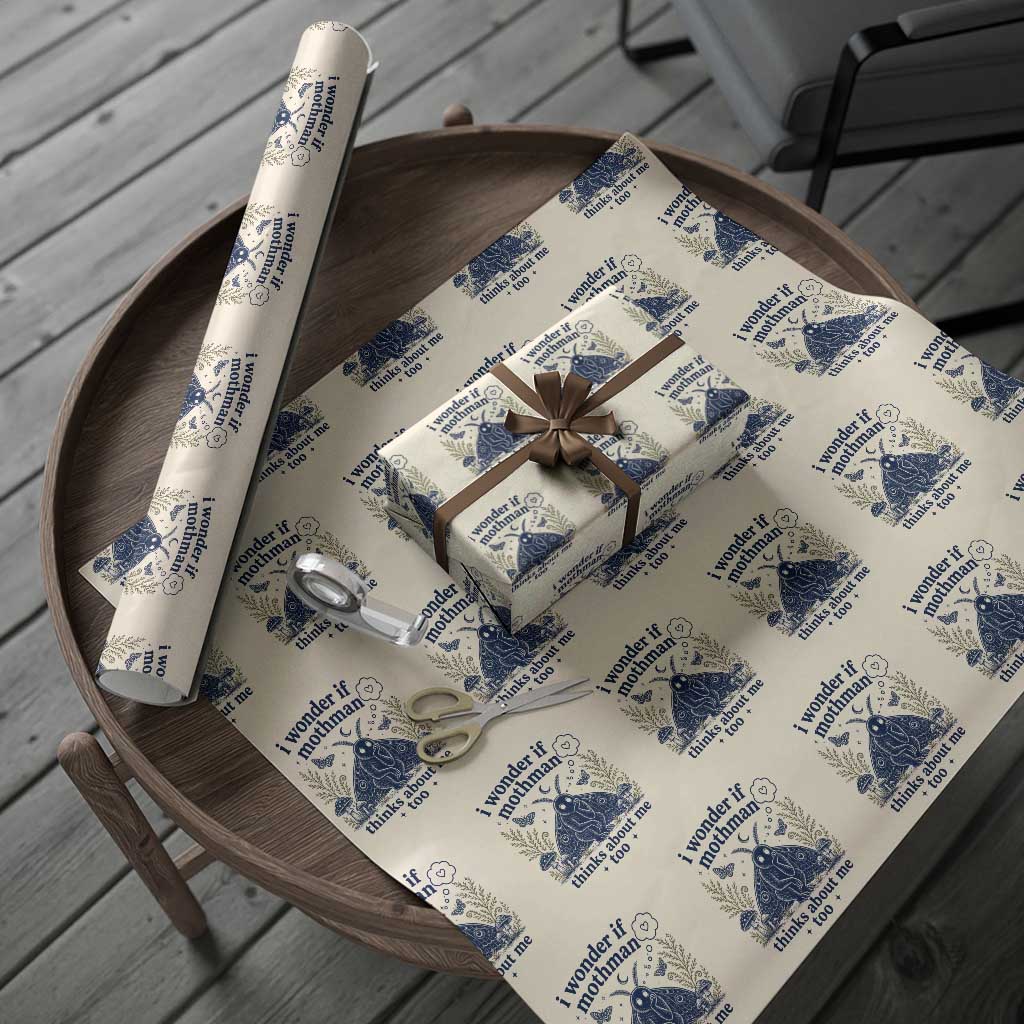 Funny Mothman Wrapping Paper Roll I Wonder If Mothman Thinks About Me Too Cryptid Weirdcore