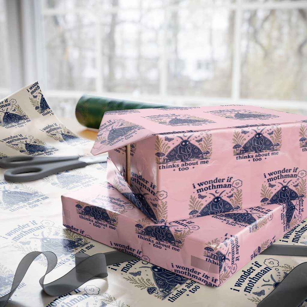 Funny Mothman Wrapping Paper Roll I Wonder If Mothman Thinks About Me Too Cryptid Weirdcore