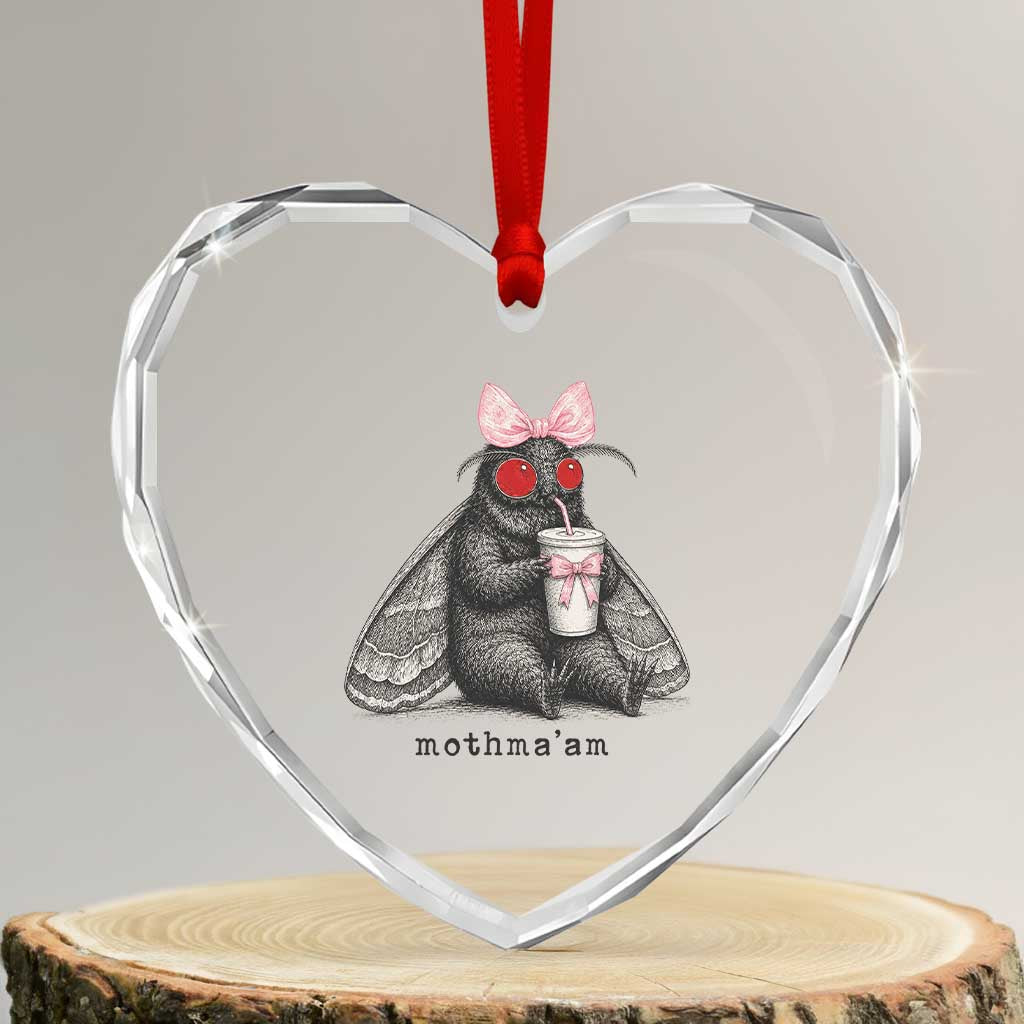 Funny Mothman Mothma'am Cute Pink Bow Coquette Heart Crystal Glass Ornament