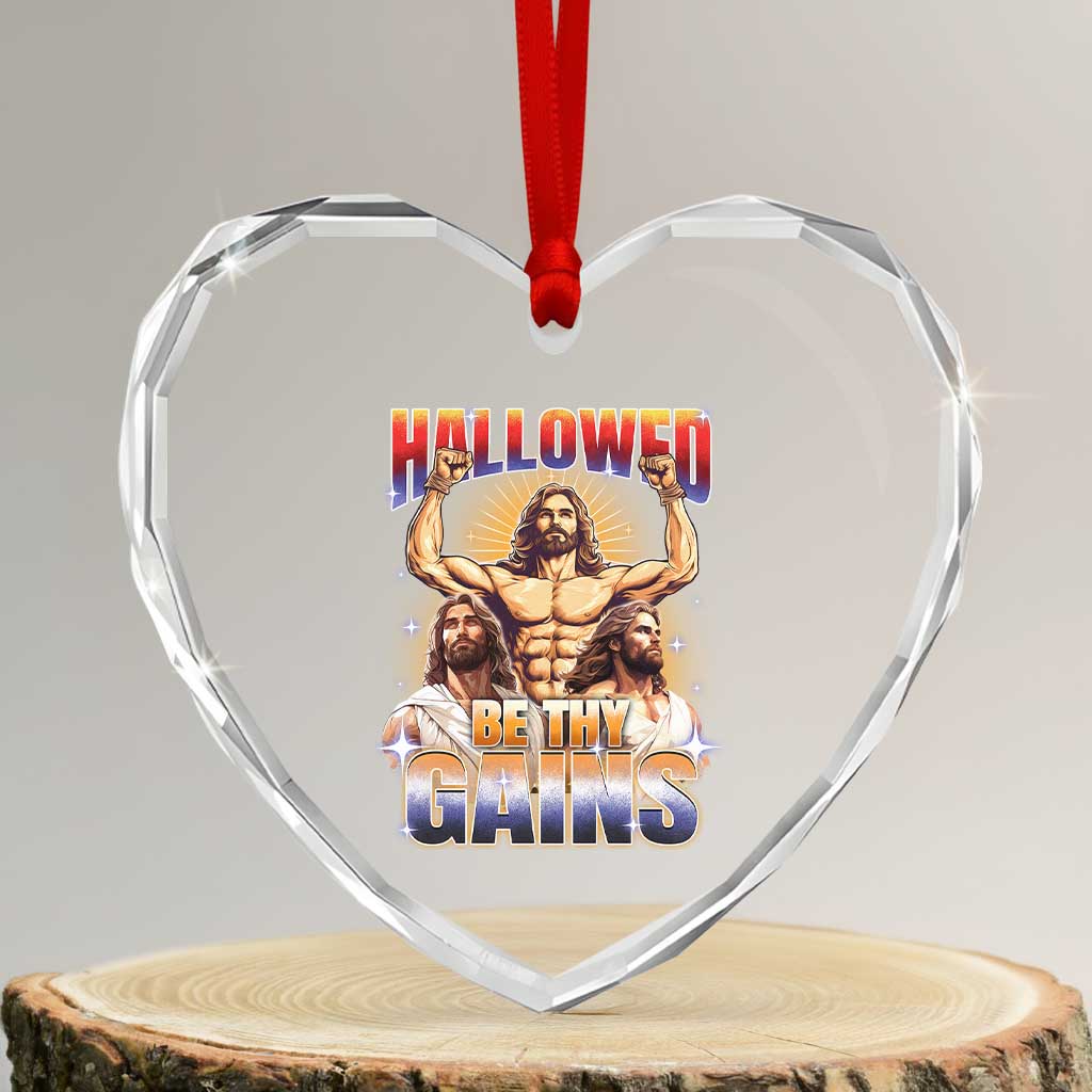 Funny Muscle Jesus Workout Heart Crystal Glass Ornament Hallowed Be Thy Gains Weightlifting Humor TS11 Transparent Glass 3'' Heart Print Your Wear