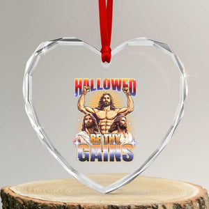 Funny Muscle Jesus Workout Heart Crystal Glass Ornament Hallowed Be Thy Gains Weightlifting Humor TS11 Transparent Glass 3'' Heart Print Your Wear