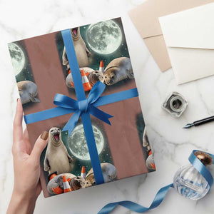 Funny Neil The Seal Howling at Moon 90s Retro Wrapping Paper Roll TS11 Mocha Print Your Wear