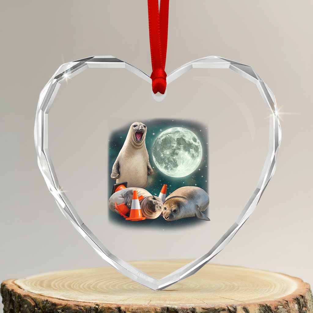 Funny Neil The Seal Howling at Moon 90s Retro Heart Crystal Glass Ornament TS11 Transparent Glass 3'' Heart Print Your Wear