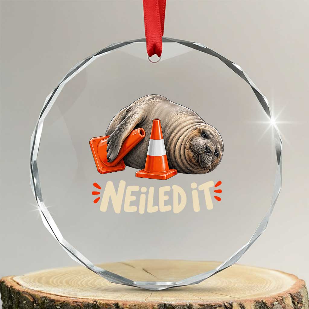 Funny Neil The Seal Nailed It Meme Crystal Glass Ornament Cute Chaotic Viral Elephant Seal Traffic Cone Pun TS02 Transparent Glass 3'' Circle Print Your Wear