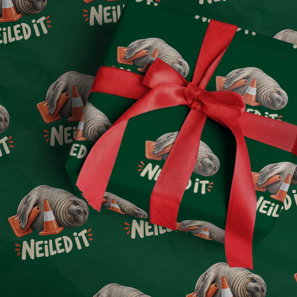 Funny Neil The Seal Nailed It Meme Wrapping Paper Roll Cute Chaotic Viral Elephant Seal Traffic Cone Pun TS02 Green Print Your Wear