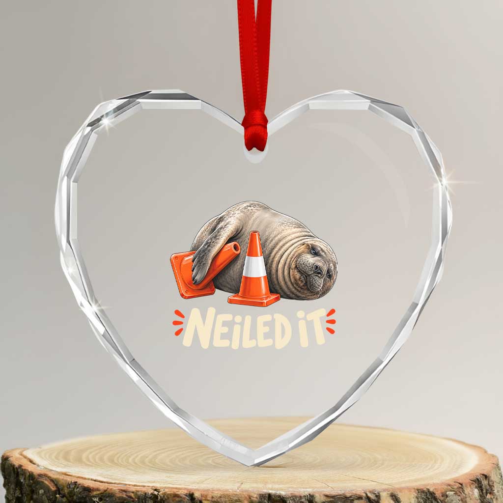 Funny Neil The Seal Nailed It Meme Heart Crystal Glass Ornament Cute Chaotic Viral Elephant Seal Traffic Cone Pun TS02 Transparent Glass 3'' Heart Print Your Wear