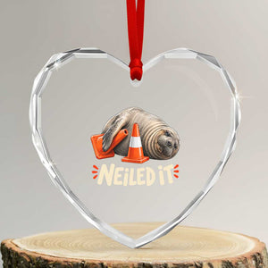 Funny Neil The Seal Nailed It Meme Heart Crystal Glass Ornament Cute Chaotic Viral Elephant Seal Traffic Cone Pun TS02 Transparent Glass 3'' Heart Print Your Wear