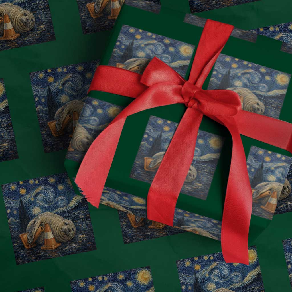 Funny Neil The Seal Starry Night Wrapping Paper Roll Van Gogh Art for Tasmania Seal Lovers TS11 Green Print Your Wear