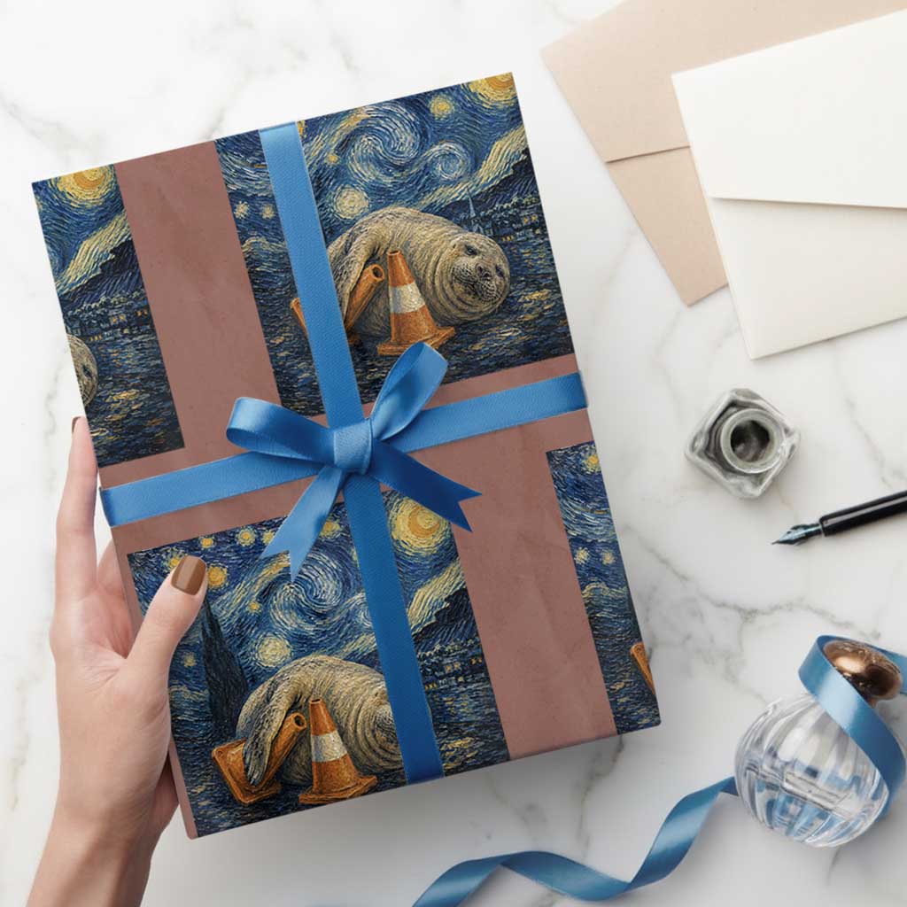 Funny Neil The Seal Starry Night Wrapping Paper Roll Van Gogh Art for Tasmania Seal Lovers TS11 Mocha Print Your Wear