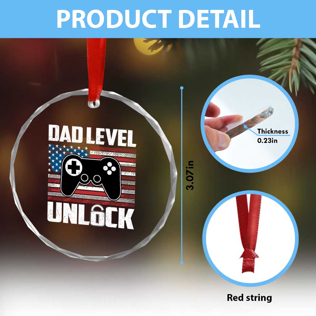 Funny New Dad Crystal Glass Ornament First Fathers Day Dad Level Unlocked Gaming Gamer TS10 Print Your Wear