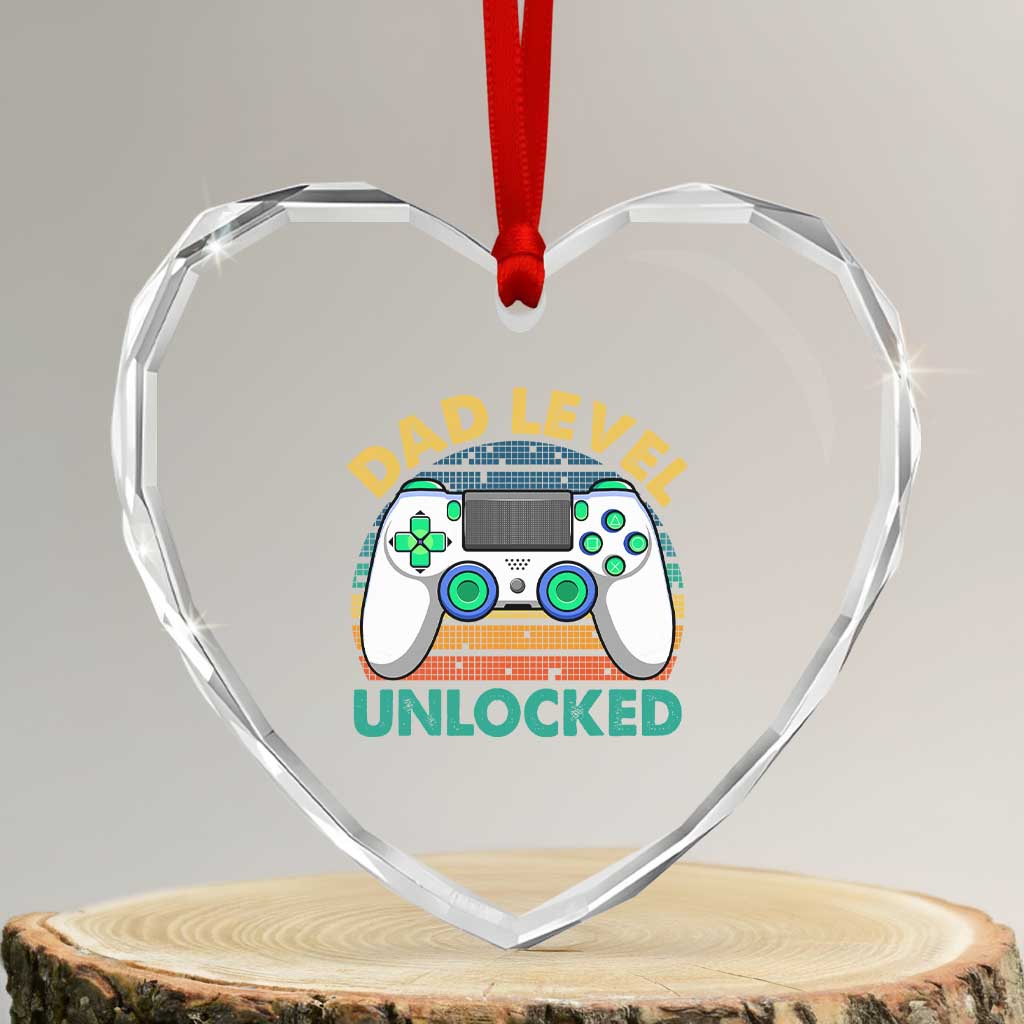 Funny New Dad Heart Crystal Glass Ornament Retro Dad Level Unlocked Gaming Gamer TS10 Transparent Glass 3'' Heart Print Your Wear