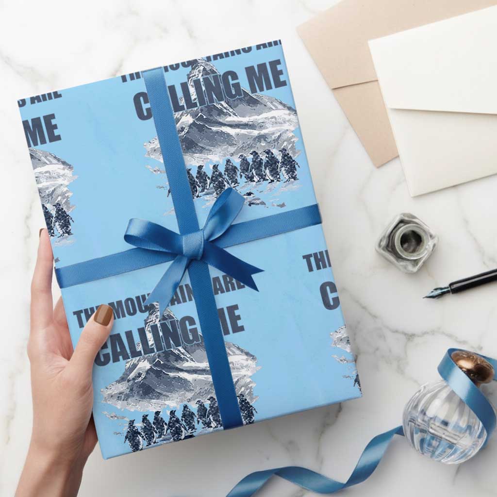 Funny Nihilist Penguin Hiking Wrapping Paper Roll The Mountains Are Calling Me TS14 Light Blue Print Your Wear