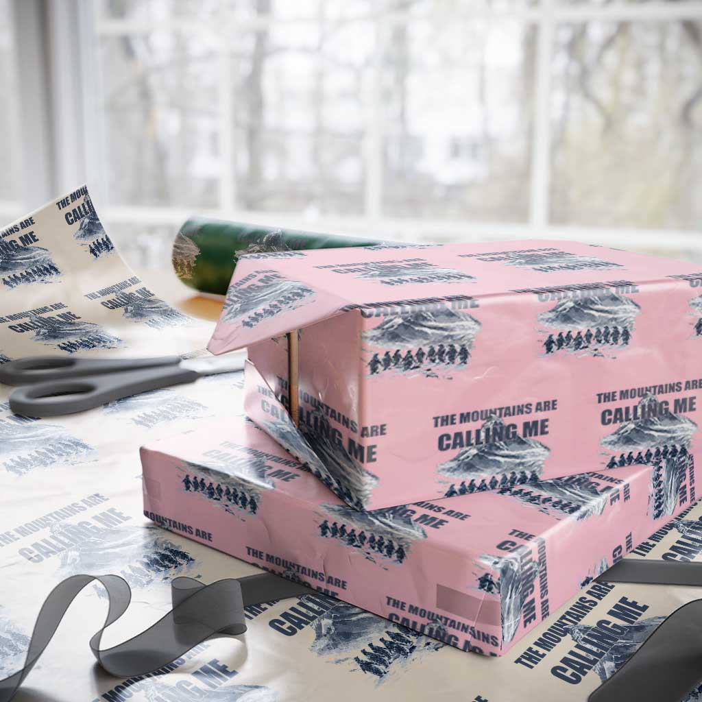 Funny Nihilist Penguin Hiking Wrapping Paper Roll The Mountains Are Calling Me TS14 Light Pink Print Your Wear