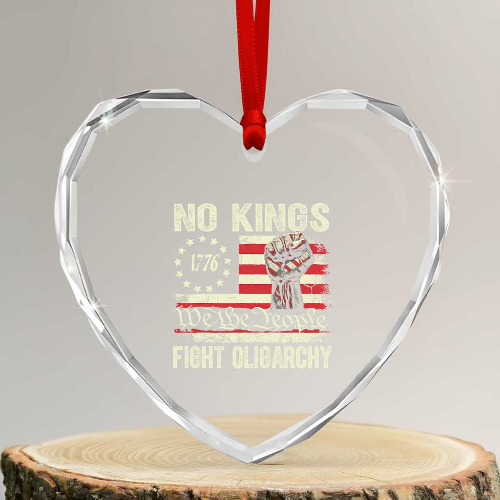 Funny No Kings Fight Oligarchy Heart Crystal Glass Ornament Betsy Ross Flag Hand Fist - Print Your Wear