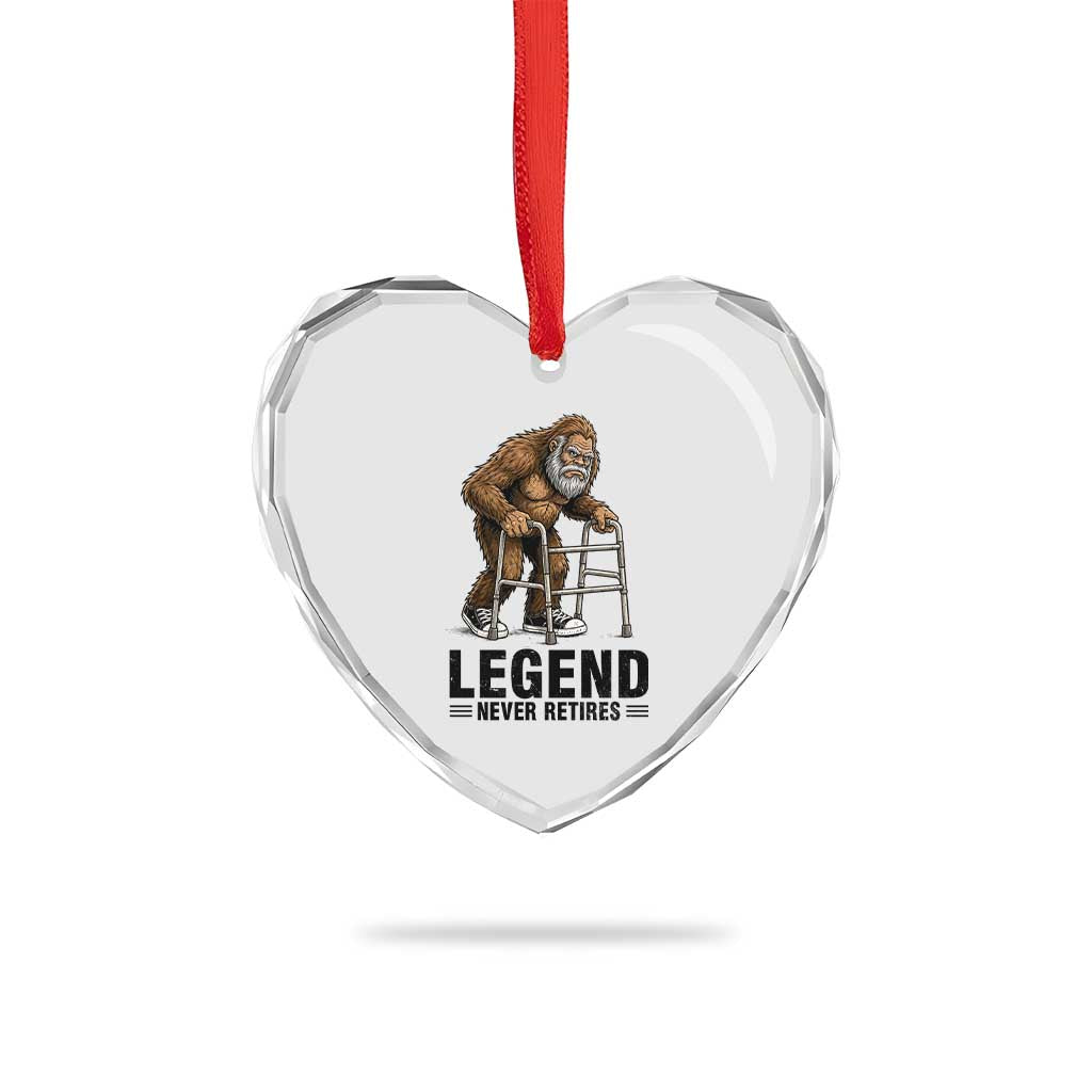 Funny Old Bigfoot Retirement Gift Heart Crystal Glass Ornament Legend Never Retires