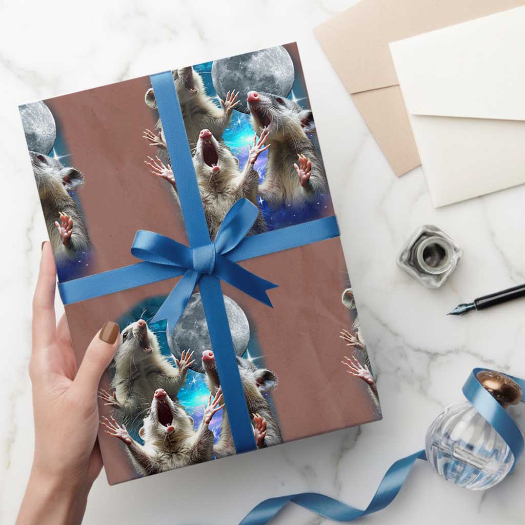 Funny Opossum Meme Wrapping Paper Roll Three Possum Screaming Under The Moon Weird Cursed Meme TS02 Mocha Print Your Wear