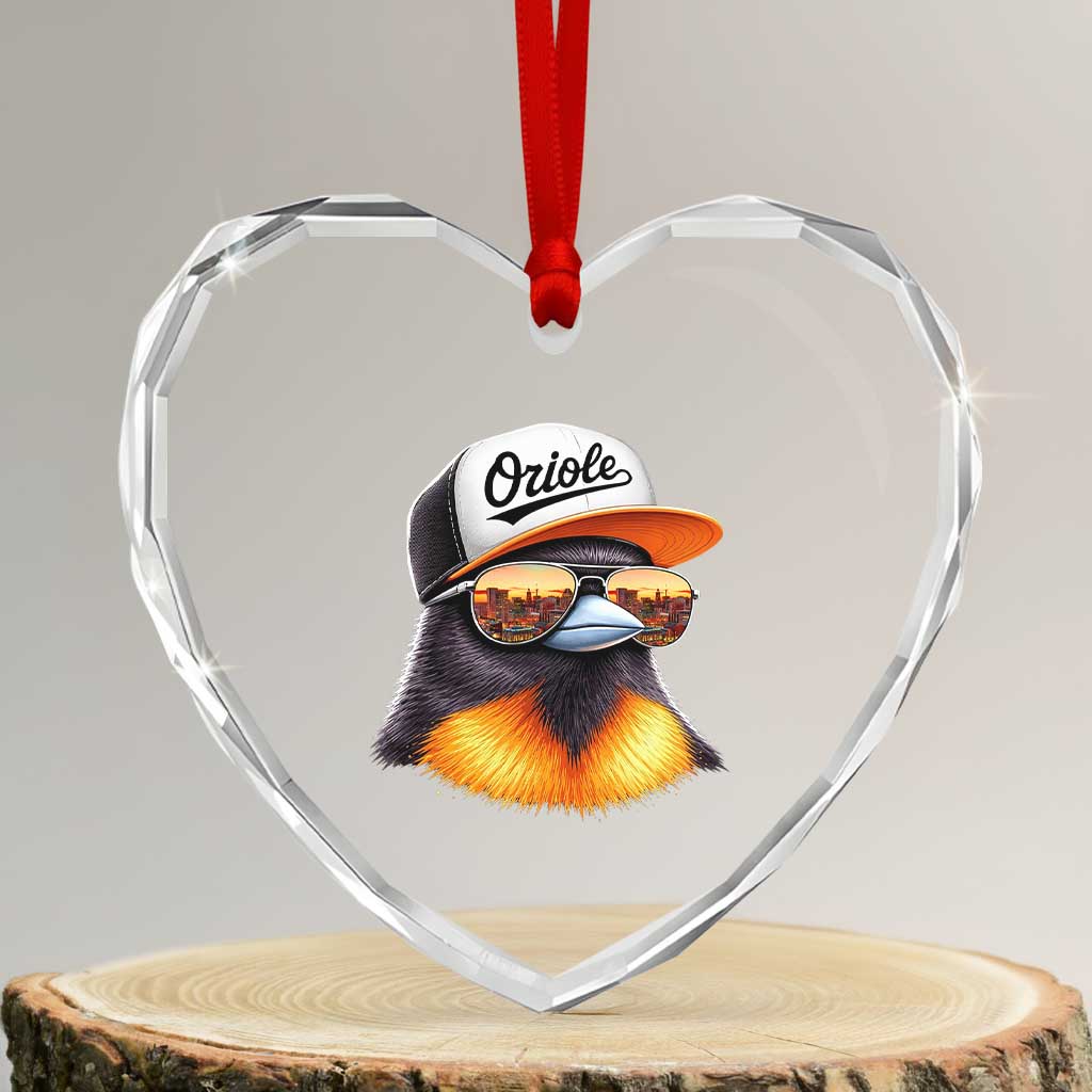 Funny Oriole Bird Wearing Baseball Cap Graphic Vintage Sport Heart Crystal Glass Ornament TS11 Transparent Glass 3'' Heart Print Your Wear